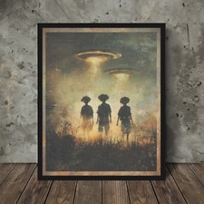 Listing image for ALIEN UFO Wall Art, Vintage Sci-fi Alien Abduction Poster, UAP Cryptid NHI Decor